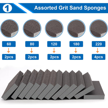 smseace 12pcs 5-Values Sanding Blocks 60/80/120/180/220 Grit Sanding Sponges Washable and Reusable Coarse/Medium/Fine/Superfine Sandpaper Block for smseace