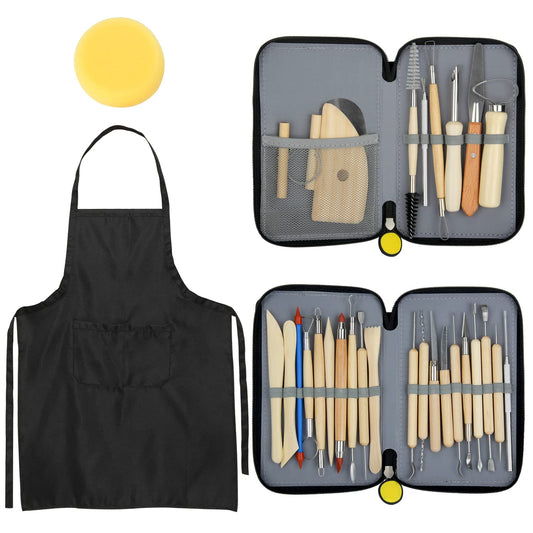 Blisstime Set of 30 Clay Sculpting Tool Wooden Handle Pottery Carving Tool Kit Carrying Case Apron - WoodArtSupply