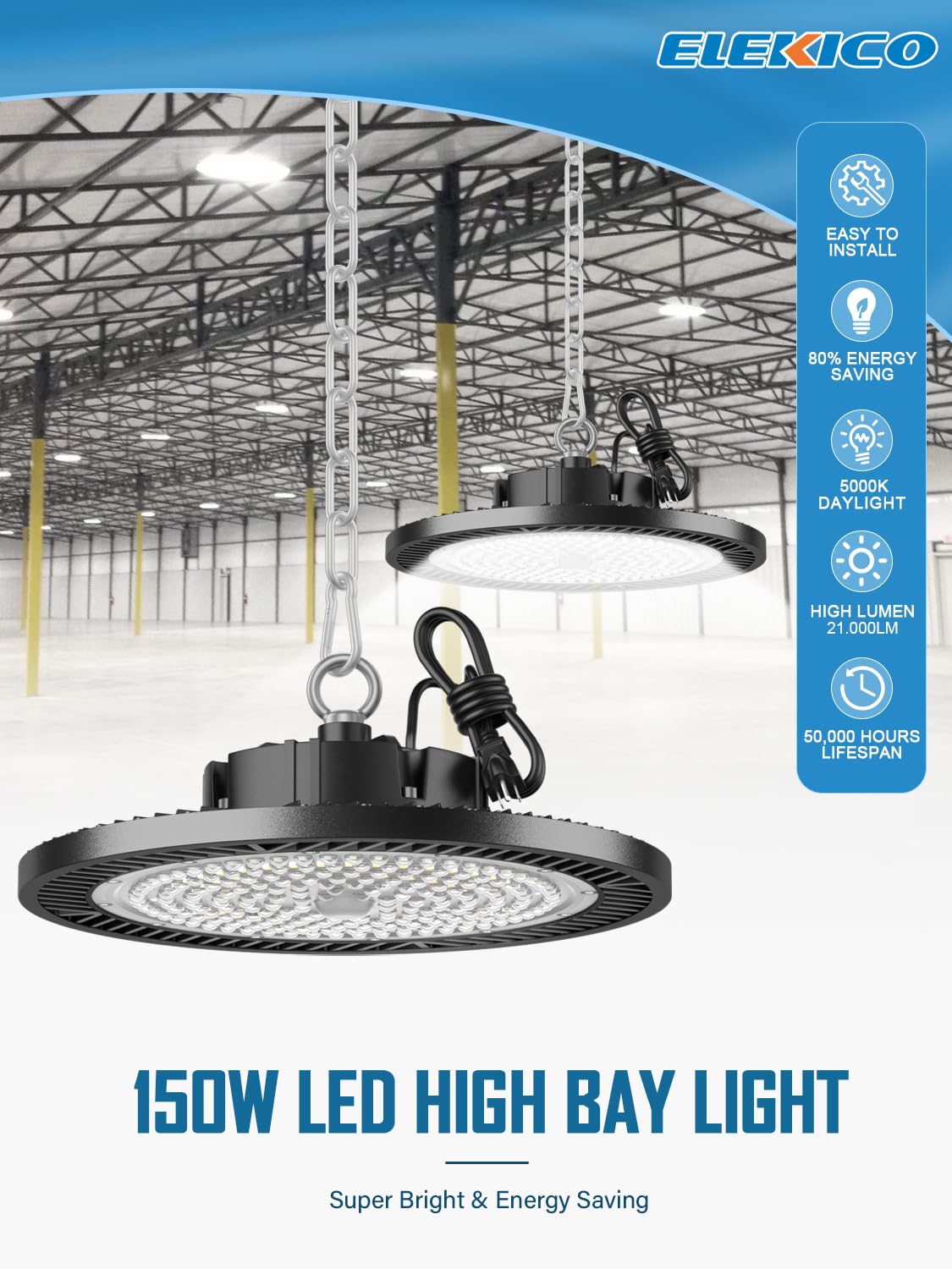 ELEKICO UFO Led High Bay Light Shop Lights 150W 21000Lm 5000K Daylight with Plug, UFO High Bay Lights for Garage Warehouse Workshop Factory Barn ELEKICO