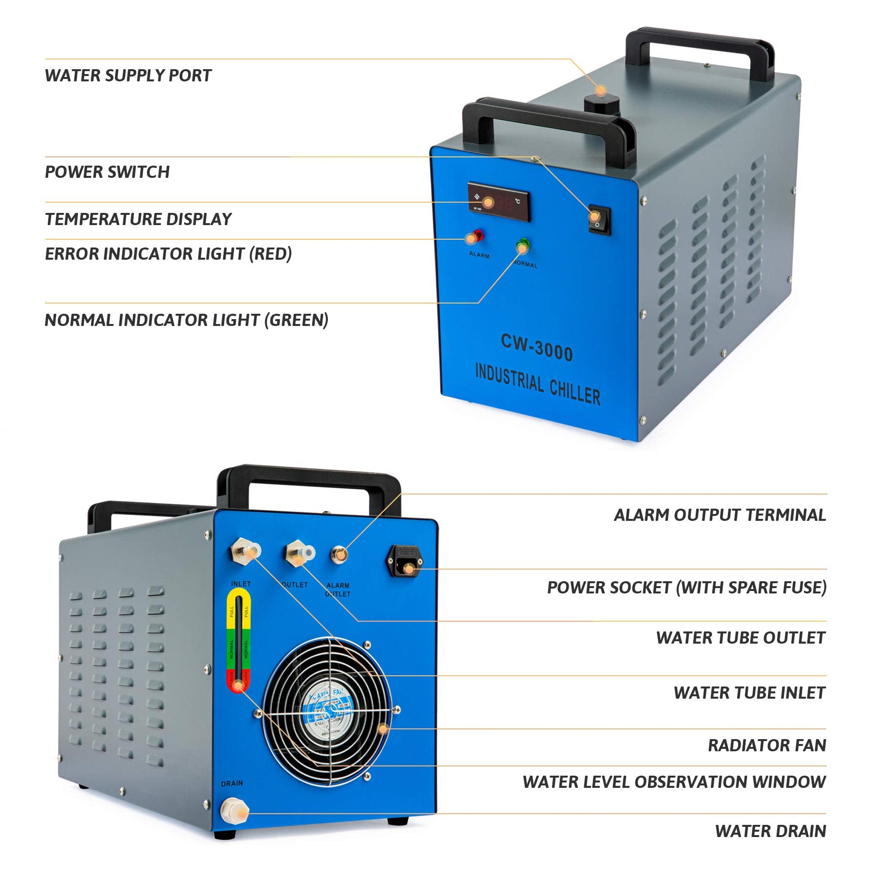 OMTECH 9L Industrial Water Chiller 2.6gpm Water Cooling System CW-3000 Water Cooler for 40W K40 CO2 Laser Engraving & Cutting Machines, Radiates 50W - WoodArtSupply