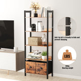 Furologee Adjustable 5-Tier Bookshelf with 2 Fabric Drawers - Industrial Wooden and Metal Storage Unit Furologee