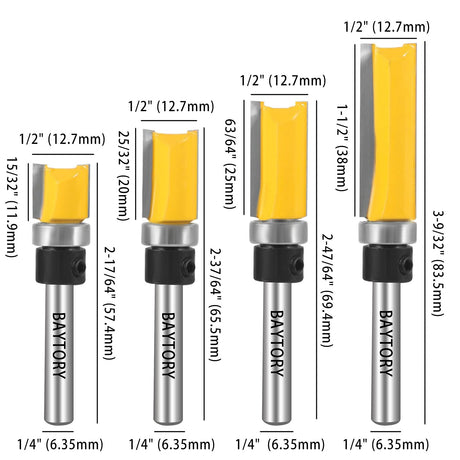 BAYTORY Professional Pattern Flush Trim Router Bit Set with 1/4 inch Shank, 4Pcs 1/2" Cutting Diameter Carbide Bits with Top Bearing Prevent BAYTORY