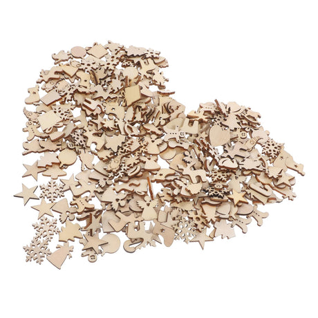 VOSAREA 300pcs Christmas Wood Chips Miniature Christmas Ornaments Unfinished Snowflake Cutout Jingle Bell Wood Cutout Unfinished Hanging Ornament VOSAREA
