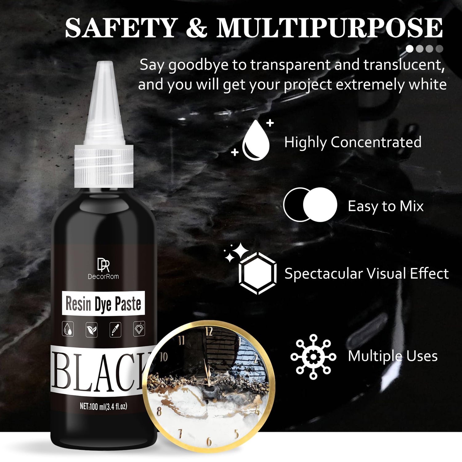 Black Epoxy Resin Pigment Paste - 3.4 fl.oz / 100ml High Concentrated Black Resin Dye Paste for Resin Art, River Table, UV Resin Jewelry Making - DecorRom