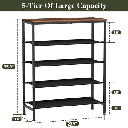 Z&L HOUSE 5 Tier Shoe Rack Organizer for Entryway, Sturdy Black Metal Framed Free Standing Shoe Shelf, Uniquely Versatile and Spacious Wood Top