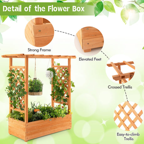 Giantex Raised Garden Bed with Trellis, Wood Planter Box with Roof & Side Trellis, Drain Holes, Elevated Raised Bed with Trellis for Climbing Plant Giantex