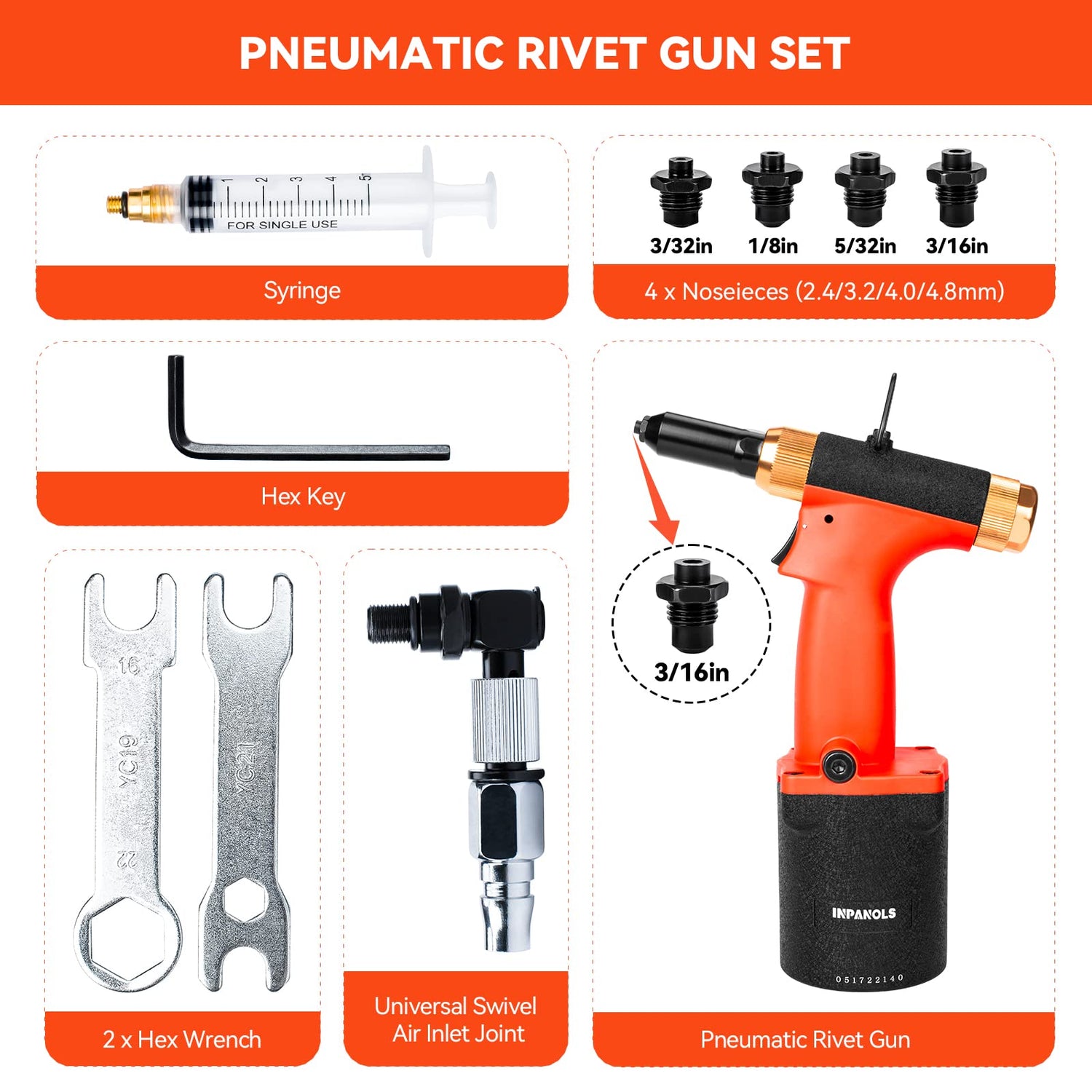 INPANOLS Pneumatic Pop Riveter Gun Hydraulic Air Rivet Tool Kit with 3/32 & 1/8 & 5/32 & 3/16 inch Nosepieces INPANOLS