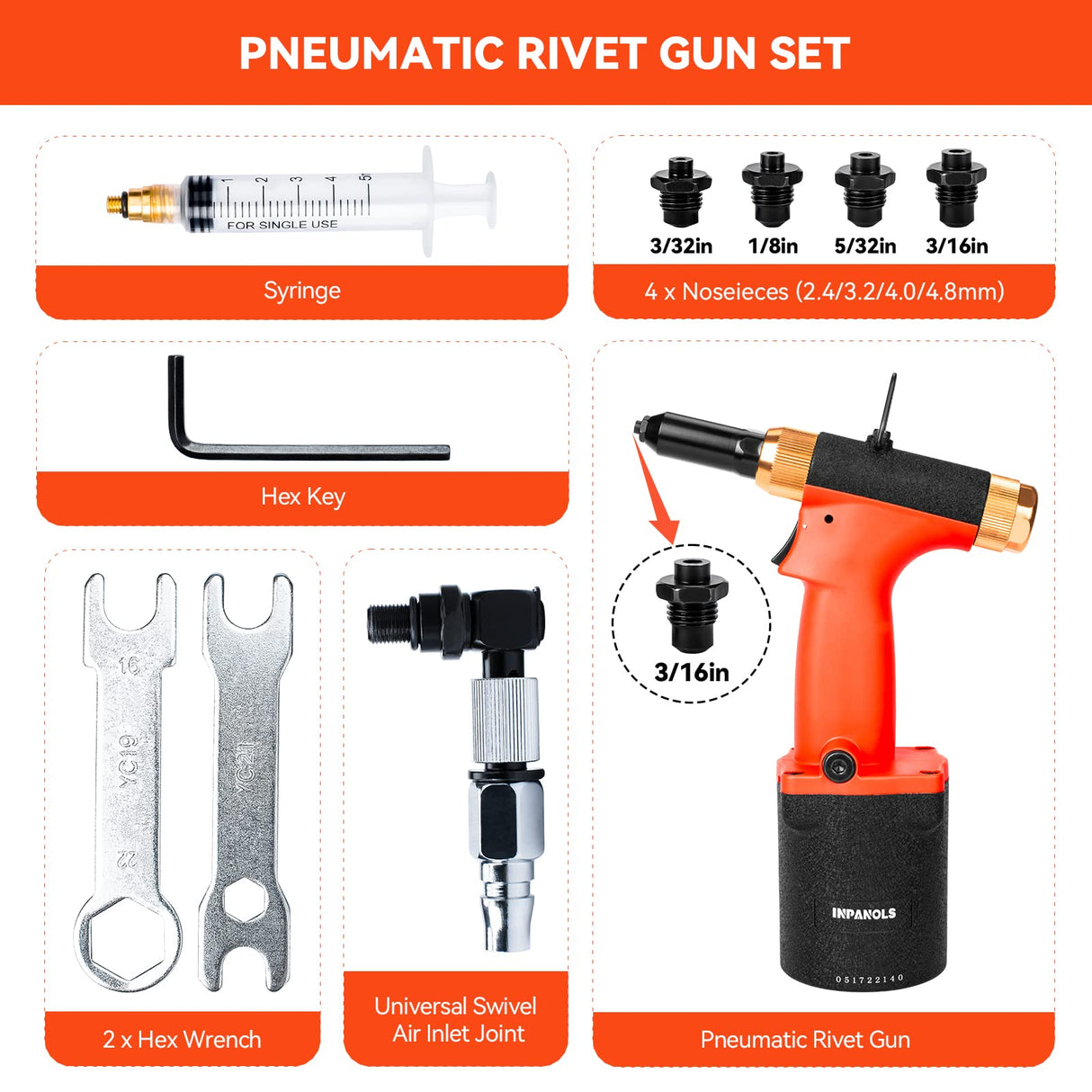 INPANOLS Pneumatic Pop Riveter Gun Hydraulic Air Rivet Tool Kit with 3/32 & 1/8 & 5/32 & 3/16 inch Nosepieces INPANOLS
