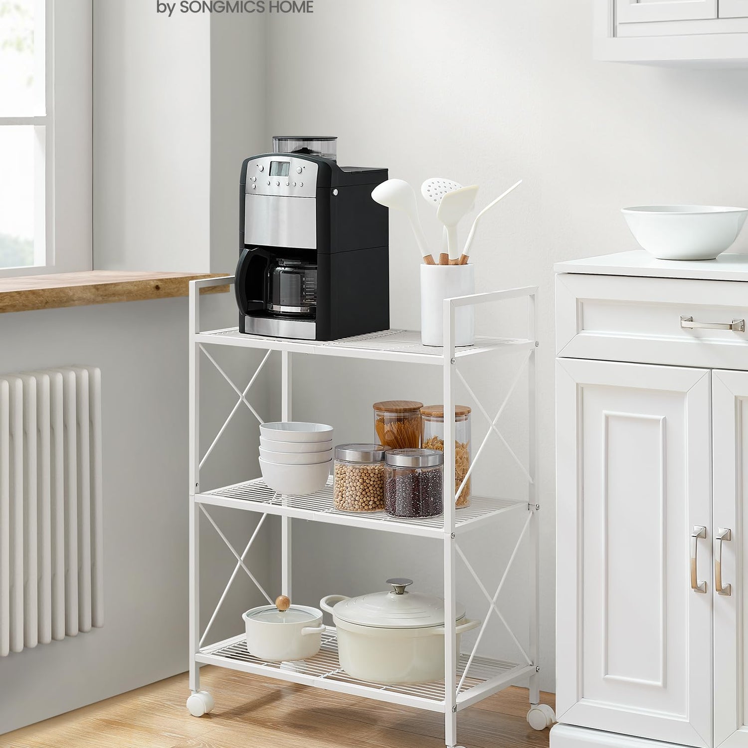 SONGMICS 3-Tier Metal Storage Rack with Wheels, Mesh Shelving Unit with X Side Frames, 23.6-Inch Width, for Entryway, Kitchen, Living Room, Bathroom, SONGMICS