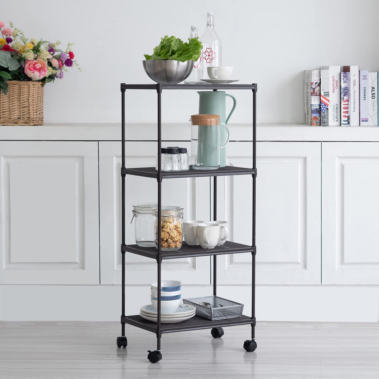 OVICAR 4-Tier Wire Storage Shelves, Adjustable Shelving Units with Wheels, Steel Metal Storage Rack for Kitchen Pantry Closet Laundry, Durable OVICAR