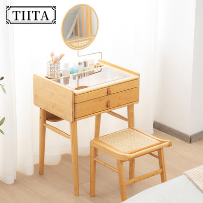 Tiita Vanity Desk, Makeup Vanity Table with Mirror, Dressing Table with 2 Drawers,Modern Wood Bedroom Vanity Vintage Dressing Table for Women Girls - WoodArtSupply