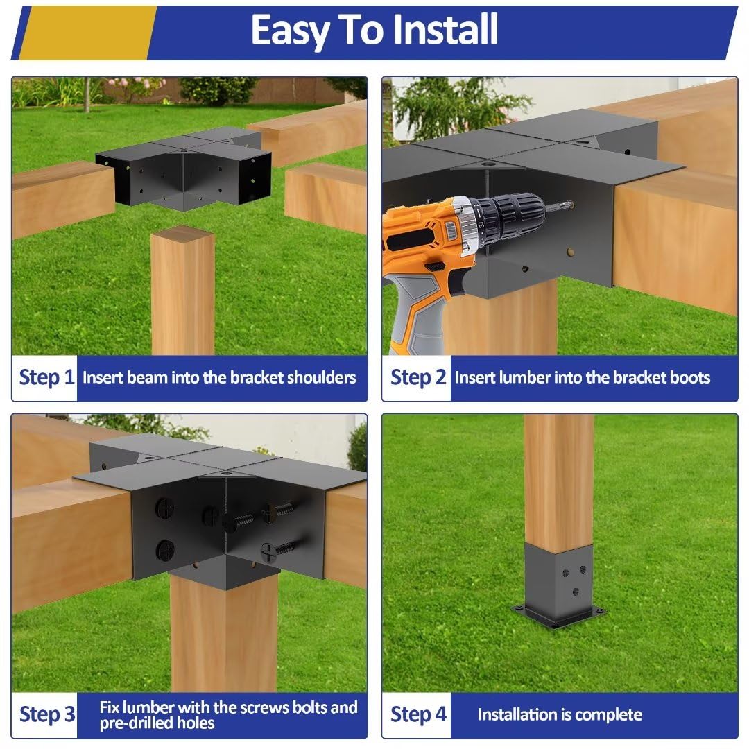 JEXALINE Heavy Alloy Steel Pergola Kit with 3-Way Brackets for 4"x 4" (Actual 3.6" X 3.6") Lumber，DIY Pergola Brackets Suitable for JEXALINE