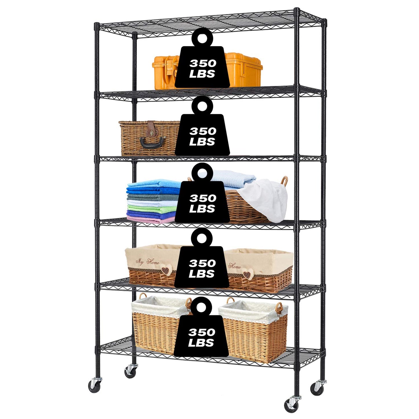 HCB 6-Tier Storage Shelf Heavy Duty Wire Shelving Unit 82"x48"x18" Height Adjustable Metal Steel Wire with Casters for Restaurant Garage Pantry