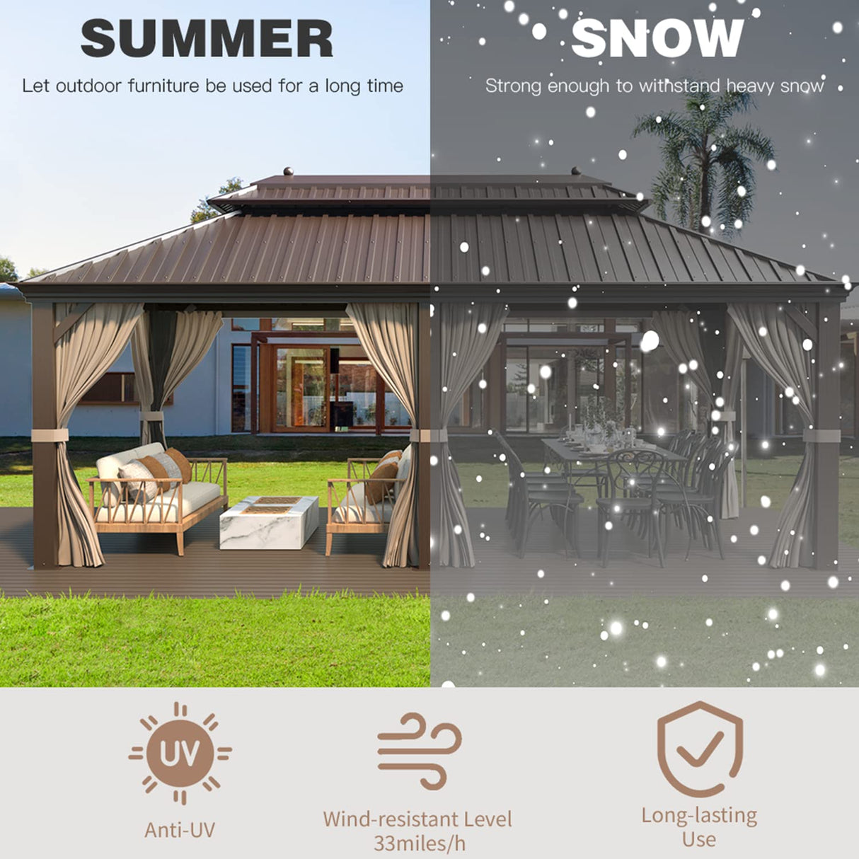 EROMMY 12'x 20' Gazebo Galvanized Steel Outdoor Hardtop Canopy Double Vented Roof Pergolas Aluminum Frame with Netting and Curtains for EROMMY