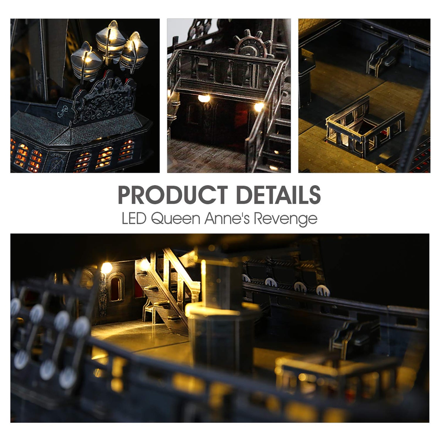 3D Puzzles for Adults - Led Pirate Ship Queen Anne's Revenge - Large 27'' Sailboat Hard Puzzles - Desk Decor House Warming Gifts New Home - CubicFun