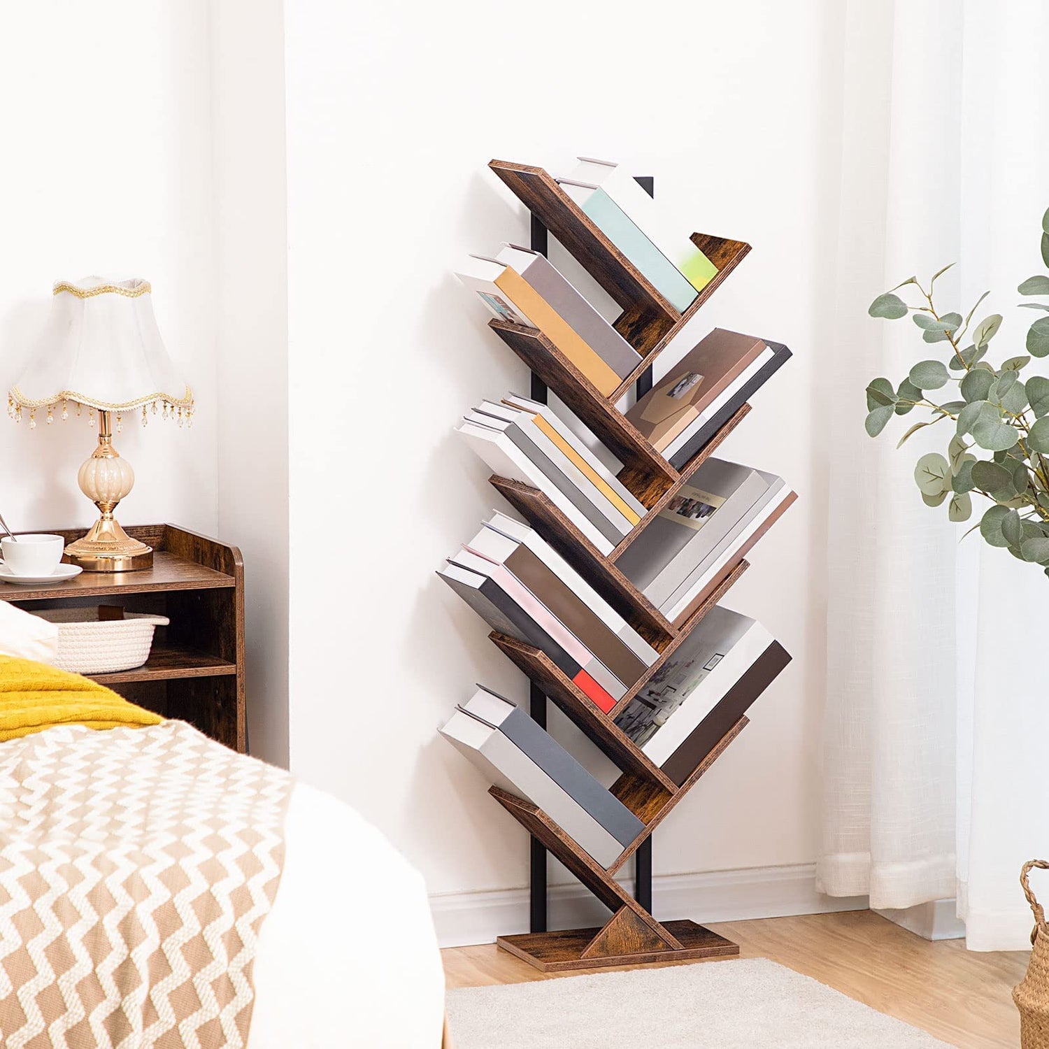HOOBRO Rustic Brown 9-Tier Tree Bookshelf - Stylish Wooden Storage Rack for Books and CDs HOOBRO