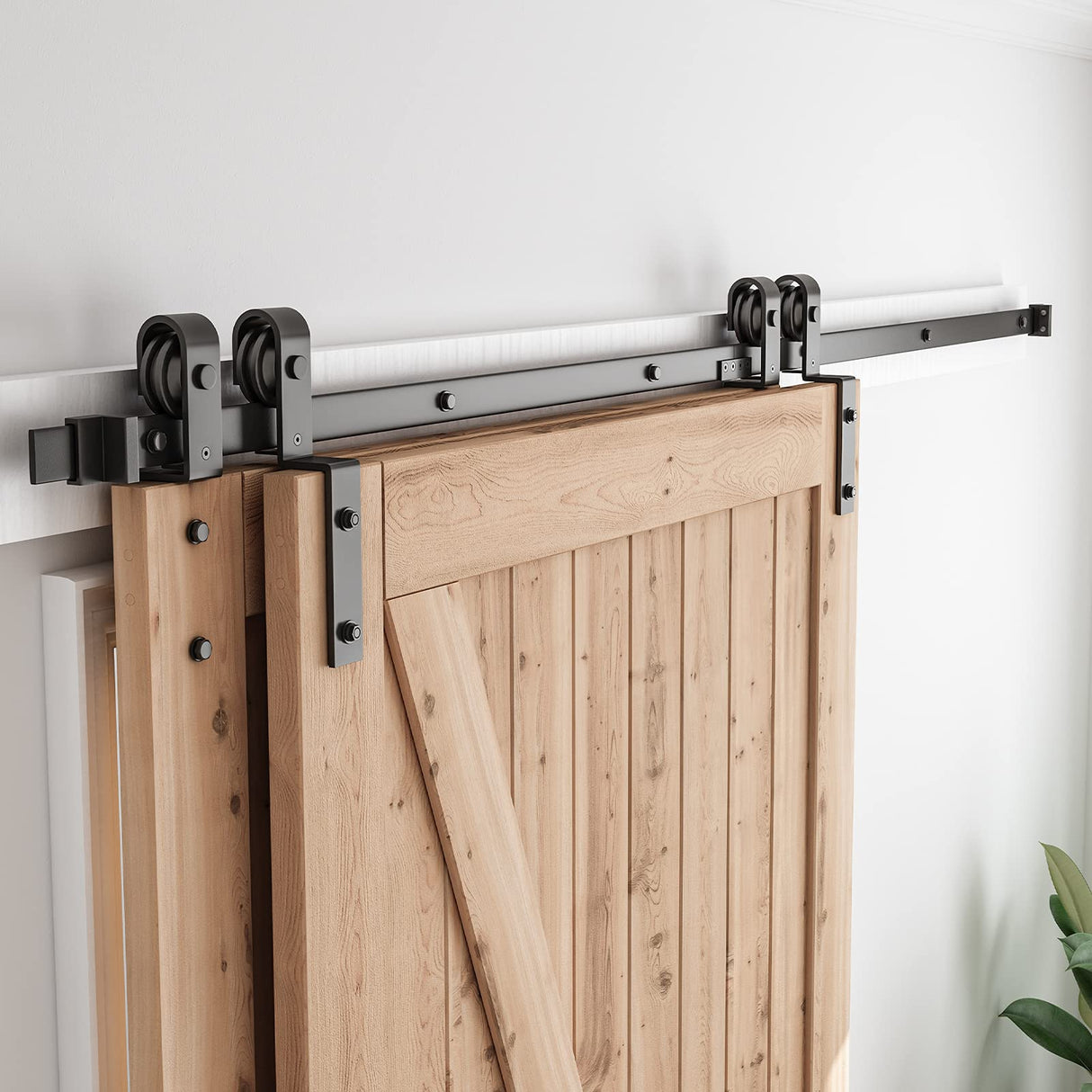 SMARTSTANDARD 7.5 Feet Bypass Sliding Barn Door Hardware Kit - for Double Wooden Doors-Single Track - Smoothly & Quietly - Easy to Install-Fit 78" SMARTSTANDARD