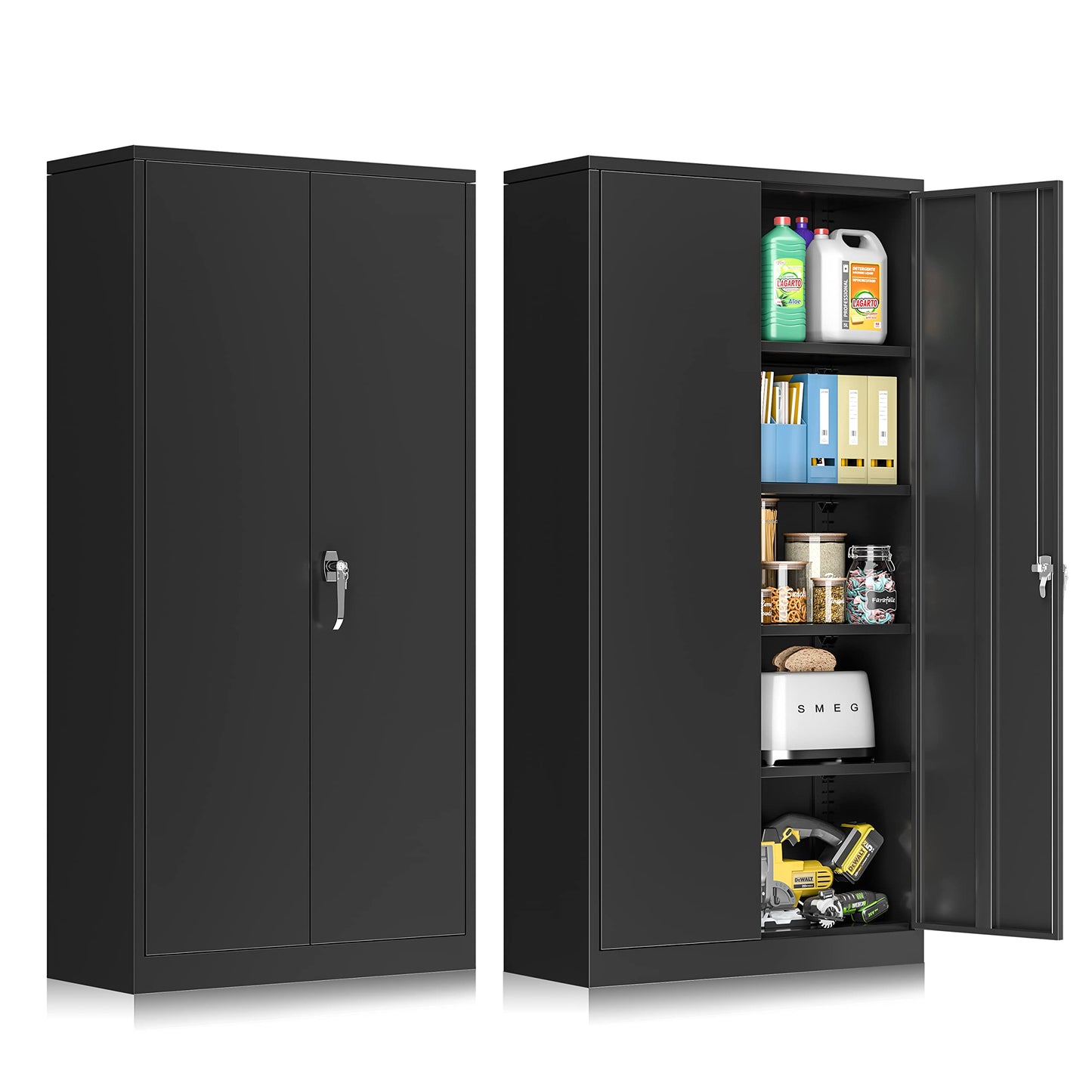 INTERGREAT Black Metal Storage Cabinet with Lock, 72" Tall Lockable Garage Storage Cabinet with Doors and Shelves, Cabinets for Home Office,