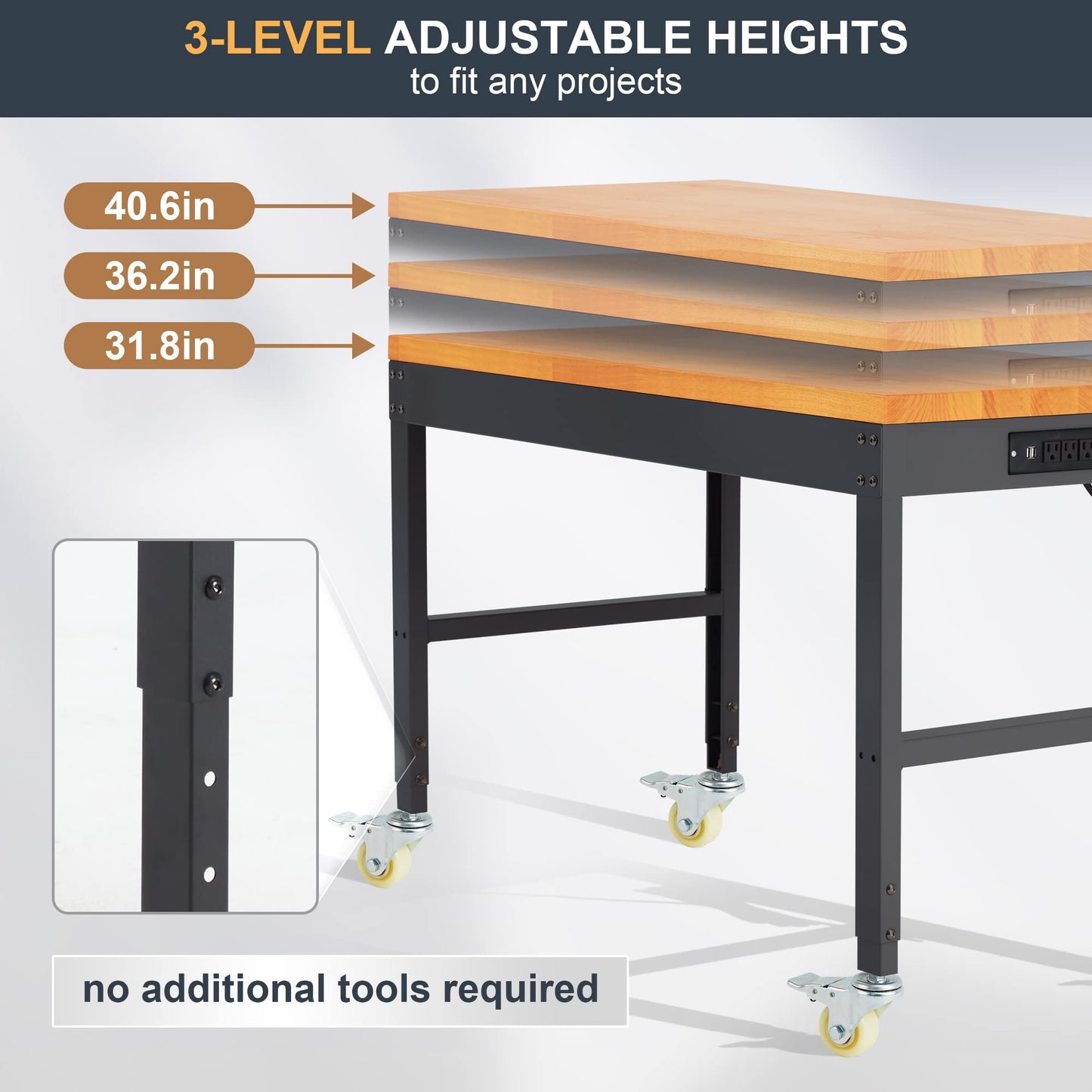 HABUTWAY Height Adjustable Workbench with Wheels 60“ x 22" 2000 Lbs Capacity Oak Board Work Station Heavy-Duty Rolling Work Benches for Garage Party - WoodArtSupply