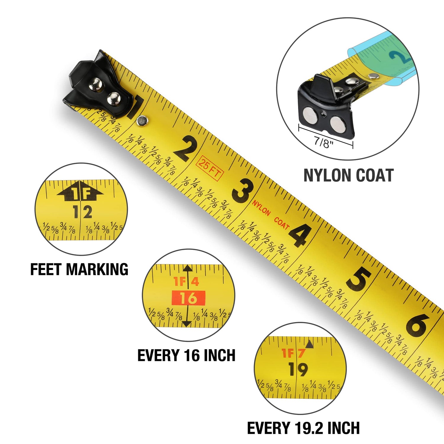 DURATECH Magnetic Tape Measure 25FT with Fractions 1/8, Retractable Measuring Tape, Easy to Read Both Side Measurement Tape, Magnetic Hook and Shock DURATECH