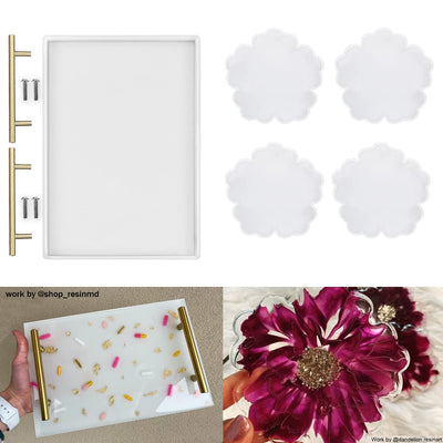 ResinWorld 4 Pack Flower Coaster Molds + Large Tray Mold with Handles