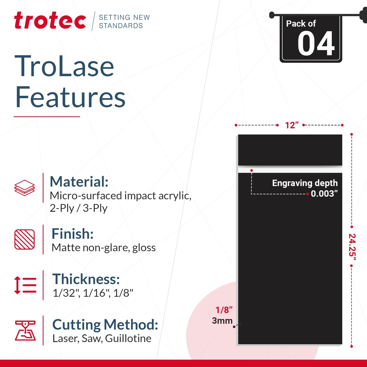 Trotec TroLase | 12"x24.25"x1/8", 4 Pcs | Black/White | 2 Ply | Modified Acrylic | Laser Engraving Double Color Plastic Sheet | Engraving Blanks for