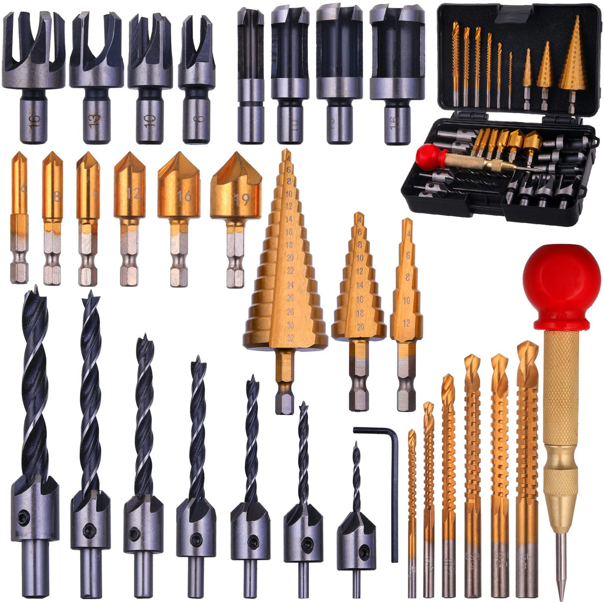Rocaris 32 Pack Woodworking Chamfer Drilling Tools, Including Countersink Drill Bits, L-Wrench, Wood Plug Cutter, Step Bit, Center Punch, Cutting Rocaris