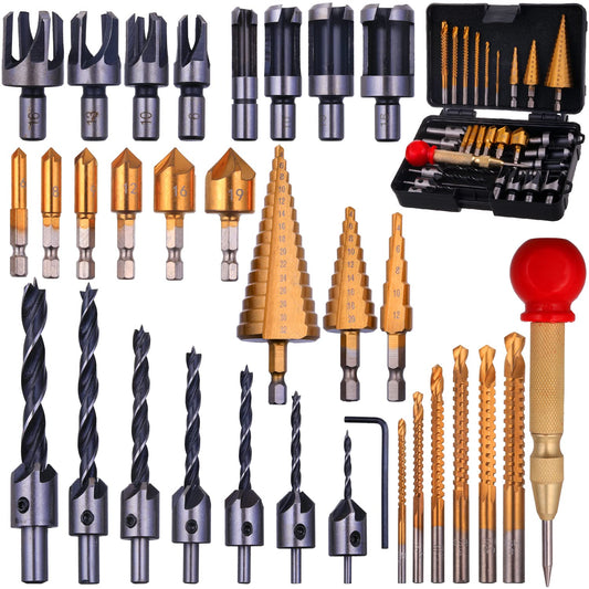 Rocaris 32 Pack Woodworking Chamfer Drilling Tools, Including Countersink Drill Bits, L-Wrench, Wood Plug Cutter, Step Bit, Center Punch, Cutting - WoodArtSupply