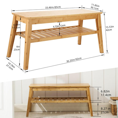 Nnewvante Bamboo Entryway Bench, 2 Tier Indoor Storage Bench, Dining Bench for Hallway, Living Room, Kitchen 33.46"