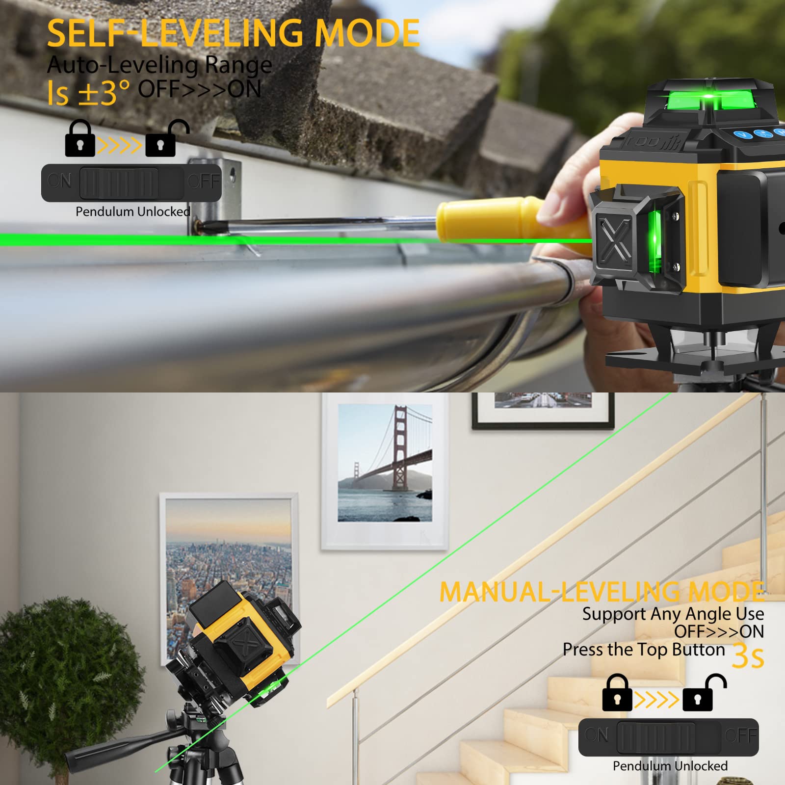 Alloyman 16 Line Laser Level, Self Leveling 4x360° Green Laser Level with 2Pcs Rechargeable Lithium Batteries/Wall Mount/Remote Control for Indoor - WoodArtSupply