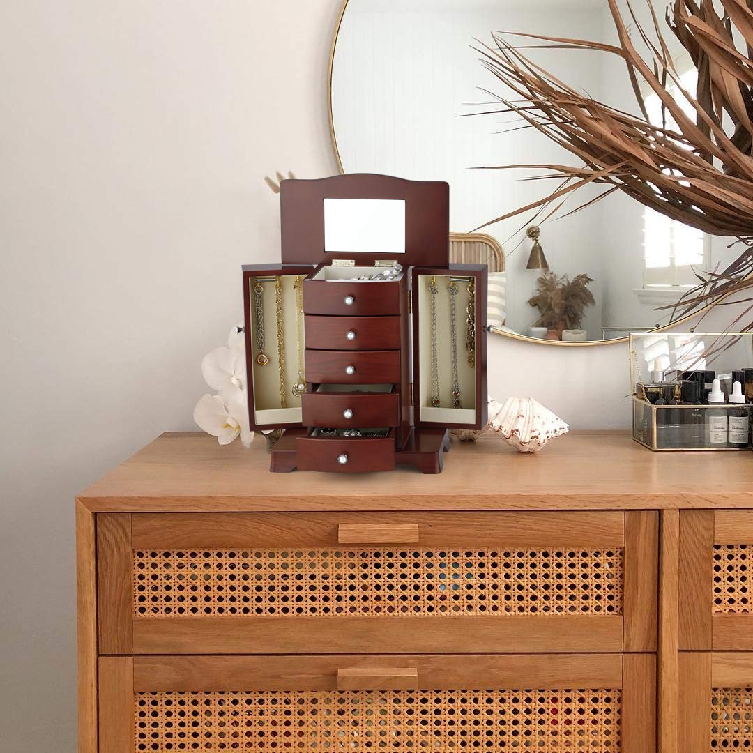 RR ROUND RICH DESIGN Jewelry Box - Made of Solid Wood with Tower Style 4 Drawers Organizer and 2 Separated Open Doors on 2 Sides and Large Mirror RR ROUND RICH DESIGN