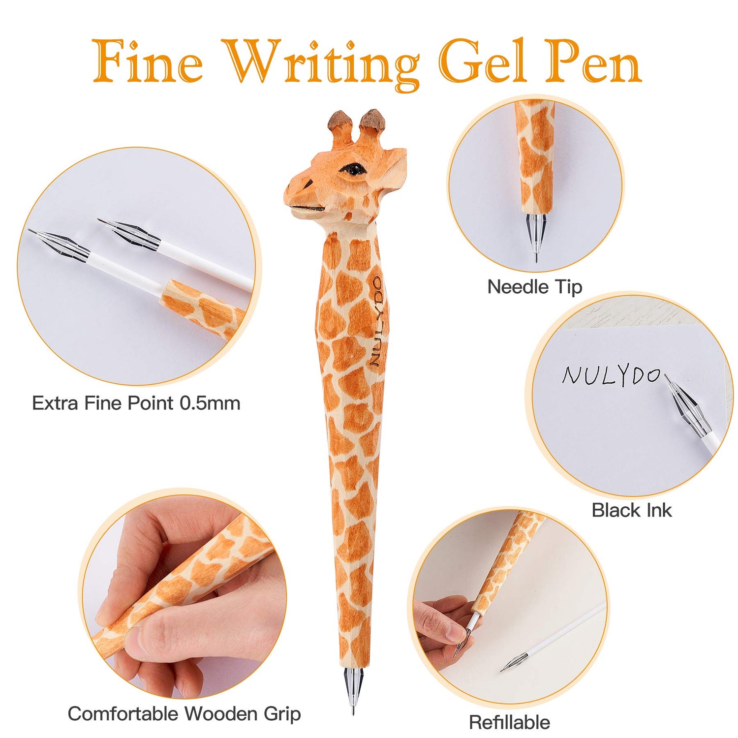 NULYDO 100% Handmade Wood Carved Animal Gel Pen | Giraffe, Cute Stationary School Supply Office Supply, Fun Pen Novelty Writing Pen, Unique Gift Pen NULYDO