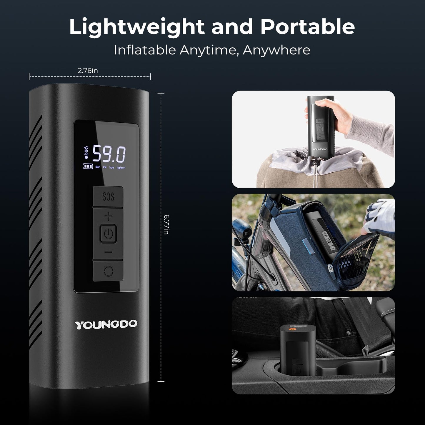 YOUNGDO Tire Inflator Portable Air Compressor, 150 PSI & 6000mAh, Tire Inflator with Pressure Gauge, Quick Inflation for Car,Motorcycle,Bike,Balls, - WoodArtSupply