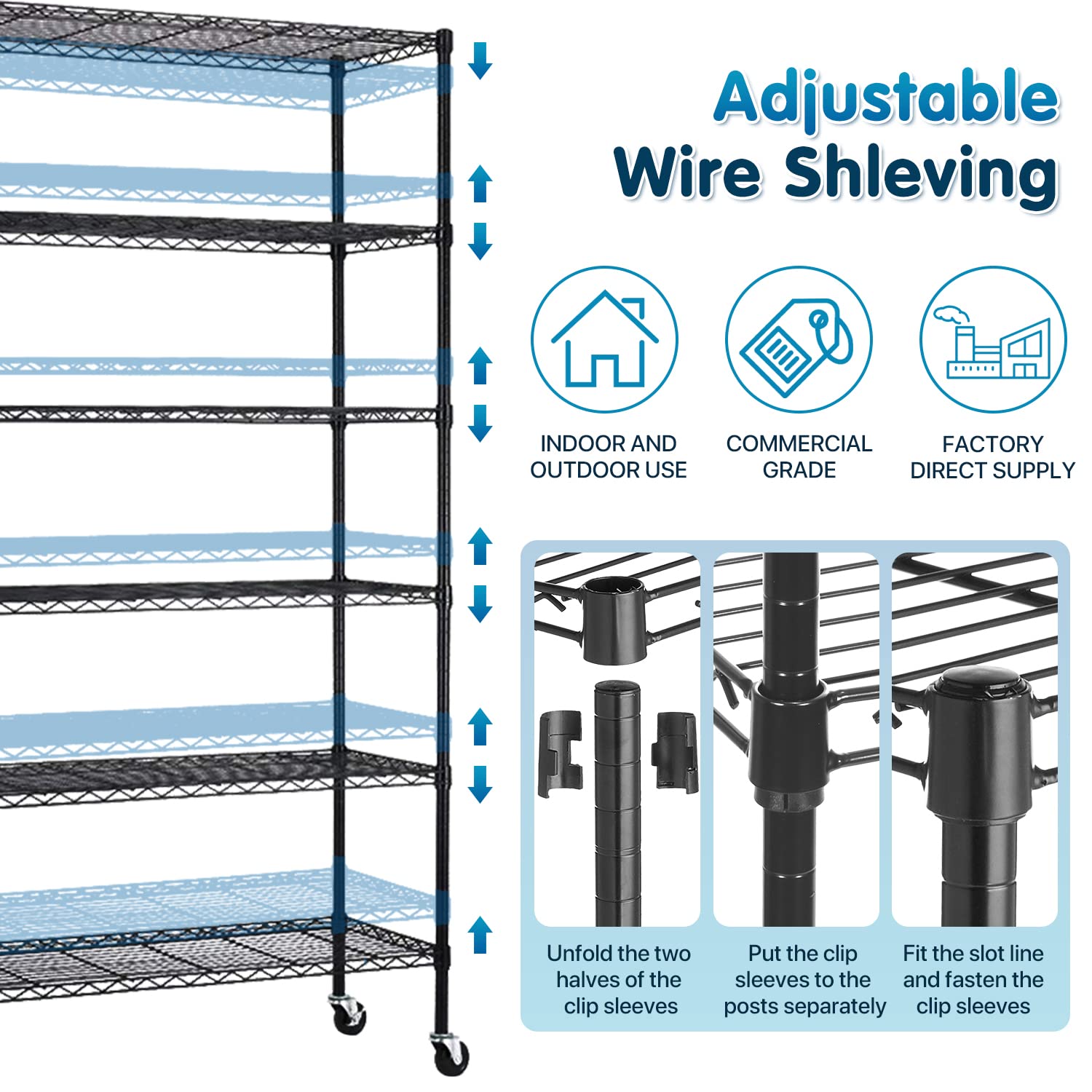 Storage Shelves Metal Shelf Wire Shelving Unit with Wheels 6 Tier NSF Certification Adjustable Garage Shelving Utility Steel Heavy Duty Commercial Dkeli