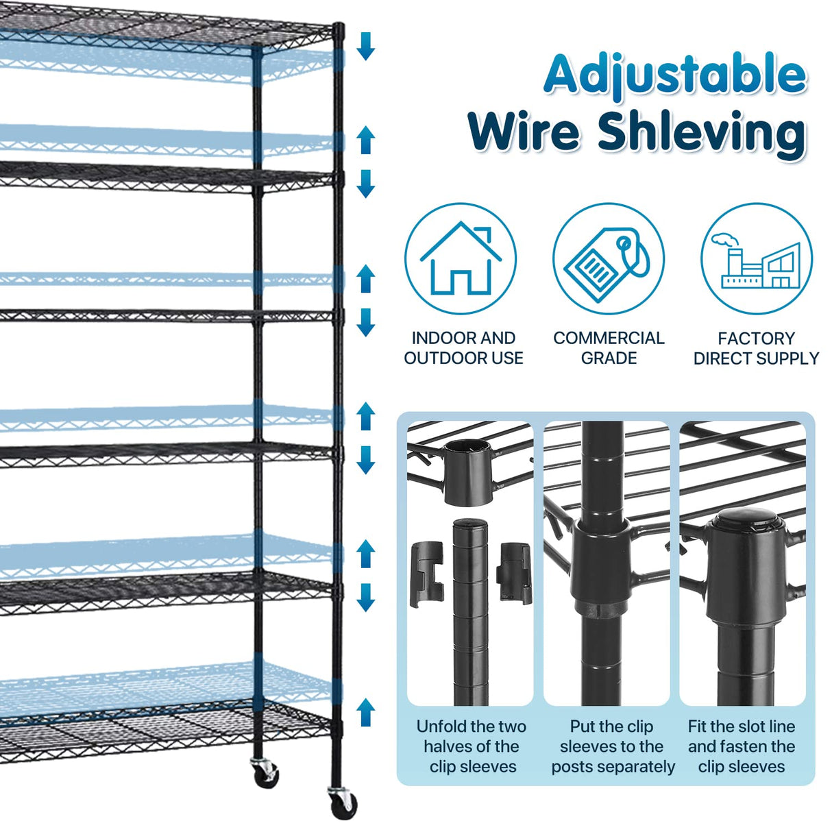 Storage Shelves Metal Shelf Wire Shelving Unit with Wheels 6 Tier NSF Certification Adjustable Garage Shelving Utility Steel Heavy Duty Commercial Dkeli