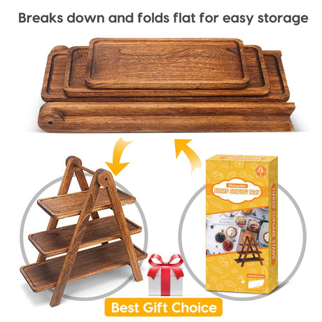 Manspdier Wood 3 Tier Serving Tray Three Tiered Cupcake Stand, Rectangle Serving Platter Wooden Farmhouse, Party Serving Brown Decorative Tray Decor Manspdier