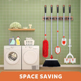 IMILLET Broom Holder Wall Mount, Wood Broom Holder with 5 Racks and 4 Hooks Broom Organizer, Laundry Room Organization and Storage, Mop Holder for IMILLET