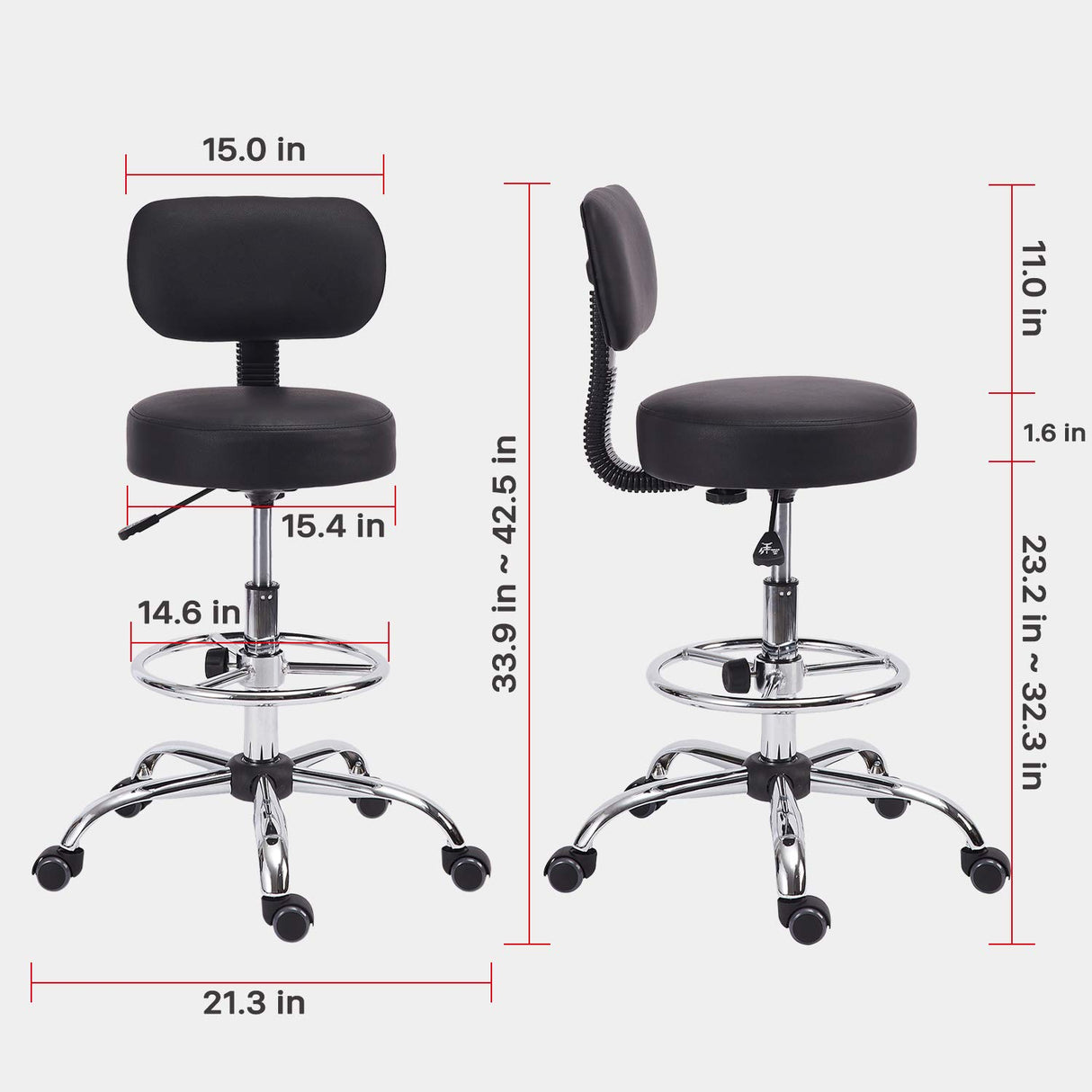 KLASIKA Drafting Swivel Chair with Back Support and Adjustable Footrest Rolling Stool, Multi-Purpose Office Desk Chair for Bar Kitchen Shop, Black KLASIKA