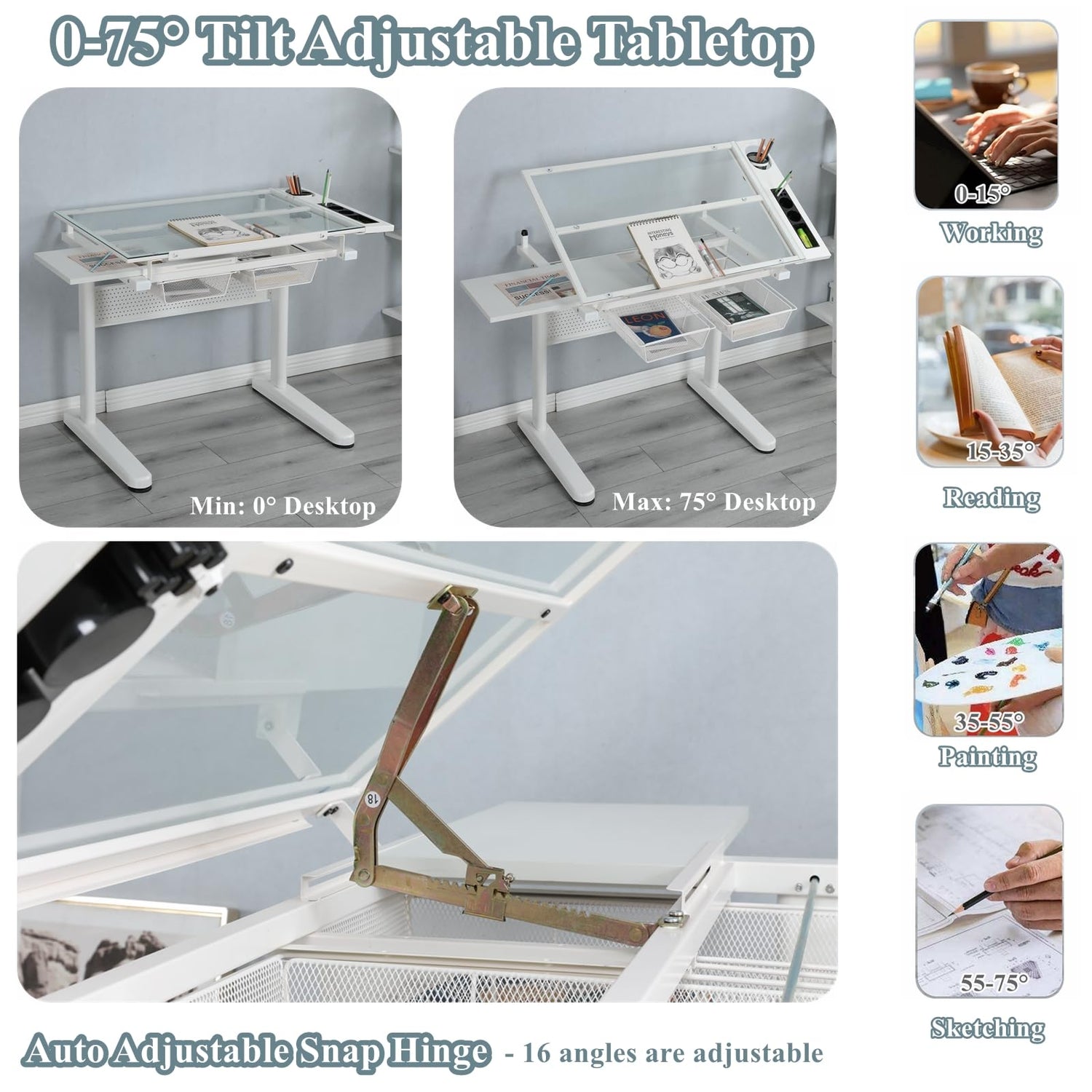 Gagawin Upgraded Height Adjustable Drafting Table Drawing Desk Artist Table with Stool for Home Office, Tilting Glass Tabletop Art Craft Desk w/2 Gagawin