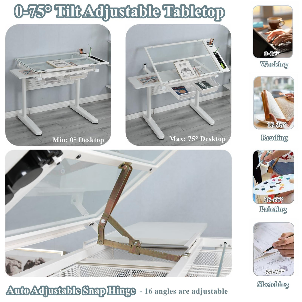 Gagawin Upgraded Height Adjustable Drafting Table Drawing Desk Artist Table with Stool for Home Office, Tilting Glass Tabletop Art Craft Desk w/2 Gagawin