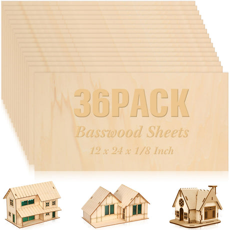 36 Pack Basswood Sheets Plywood Board 1/8 Inch Unfinished Wood Boards for Crafts for DIY Laser Projects Architectural Model Making Mini House Riakrum