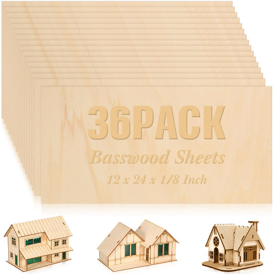 36 Pack Basswood Sheets Plywood Board 1/8 Inch Unfinished Wood Boards for Crafts for DIY Laser Projects Architectural Model Making Mini House - WoodArtSupply