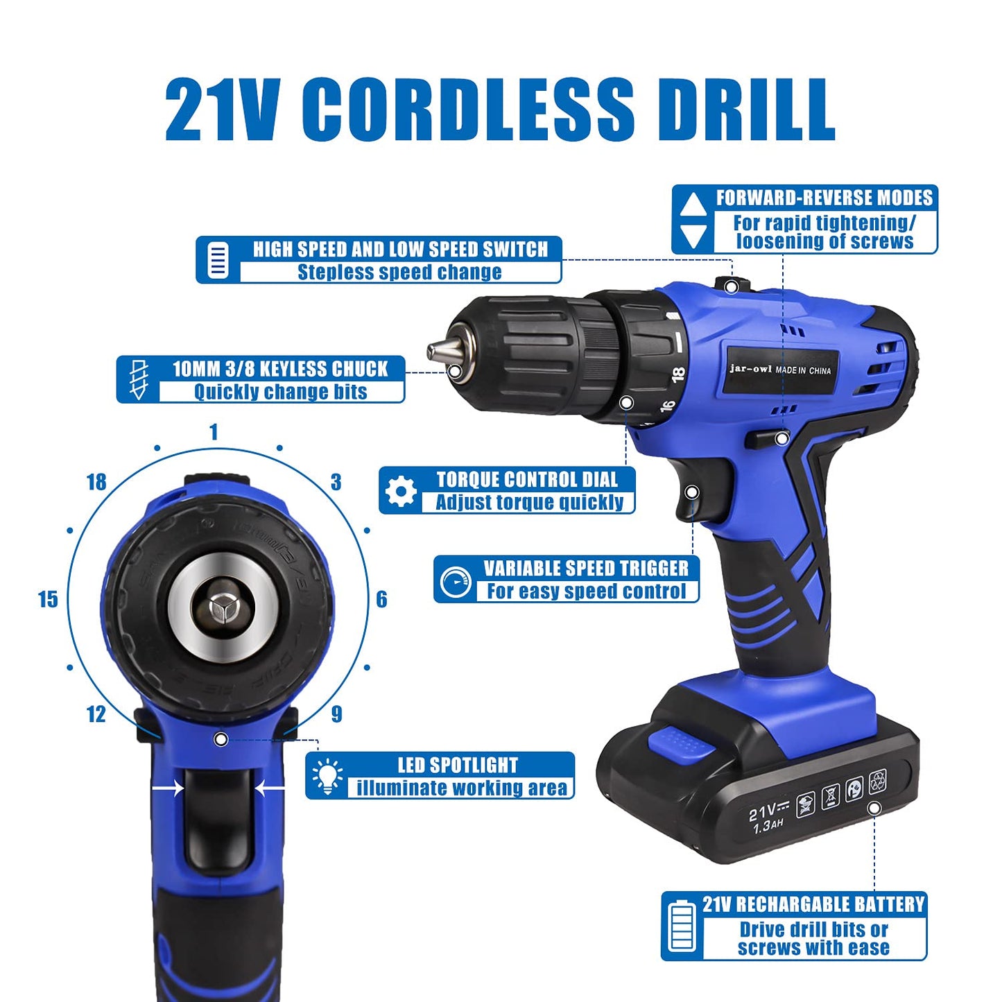 jar-owl 21V Tool Set with Drill, 350 in-lb Torque, 0-1350RMP Variable Speed, 10MM 3/8'' Keyless Chuck, 18+1 Clutch, 1.5Ah Li-Ion Battery & Charger - WoodArtSupply