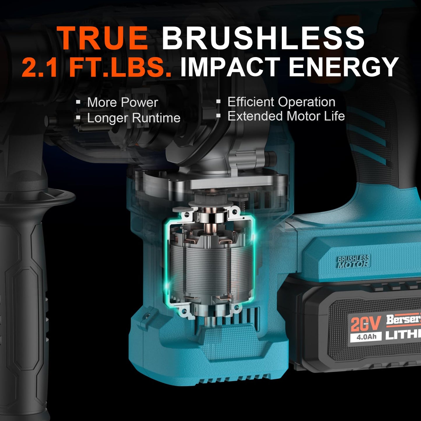 Berserker 20V Cordless 1-1/8" Rotary Hammer Drill SDS-Plus Brushless Motor with Safety Clutch, 4.0Ah Lithium-Ion Battery Powered, 3.0A Fast Charger,