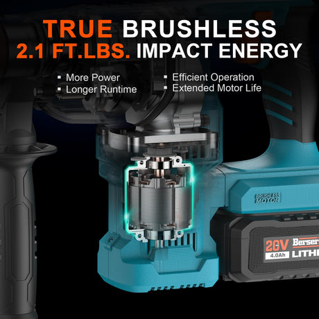 Berserker 20V Cordless 1-1/8" Rotary Hammer Drill SDS-Plus Brushless Motor with Safety Clutch, 4.0Ah Lithium-Ion Battery Powered, 3.0A Fast Charger, Berserker