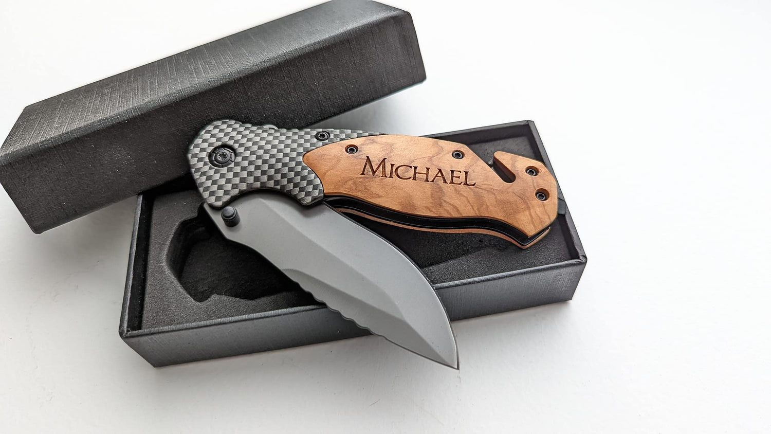 Personalized Engraved Olive Wood Handle Pocket Knife With Gift Box MRC Wood Products