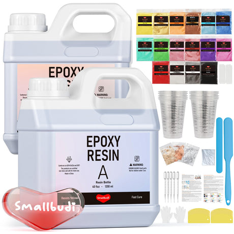 Smallbudi 80 OZ Epoxy Resin Kit with 16 Colors Mica Powder, Gold Foil, Cups & Stick, Crystal Clear Resin Beginner Supplies for Coating and Casting, Smallbudi