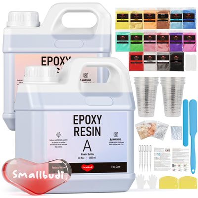 Smallbudi 80 OZ Epoxy Resin Kit with 16 Colors Mica Powder, Gold Foil, Cups & Stick, Crystal Clear Resin Beginner Supplies for Coating and Casting,