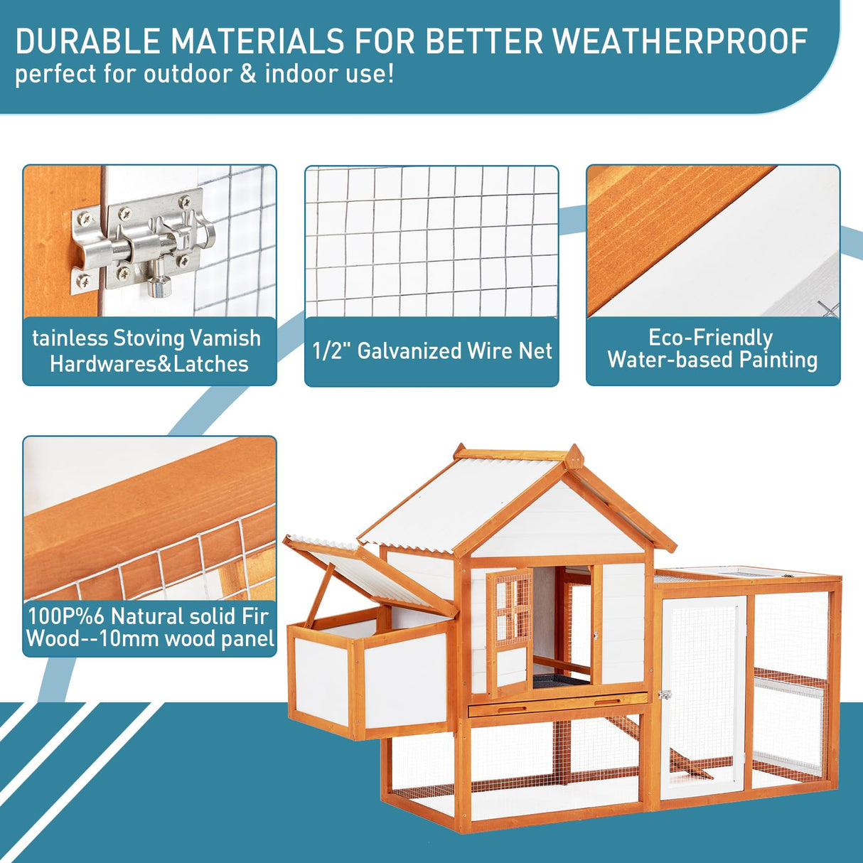PioneerWorks Outdoor Chicken Coop Wooden Hen House with Run, Poultry Cage w/Ramps, Nesting Box, 5 Access Areas, Wire Fence, Removable Bottom for Easy PioneerWorks