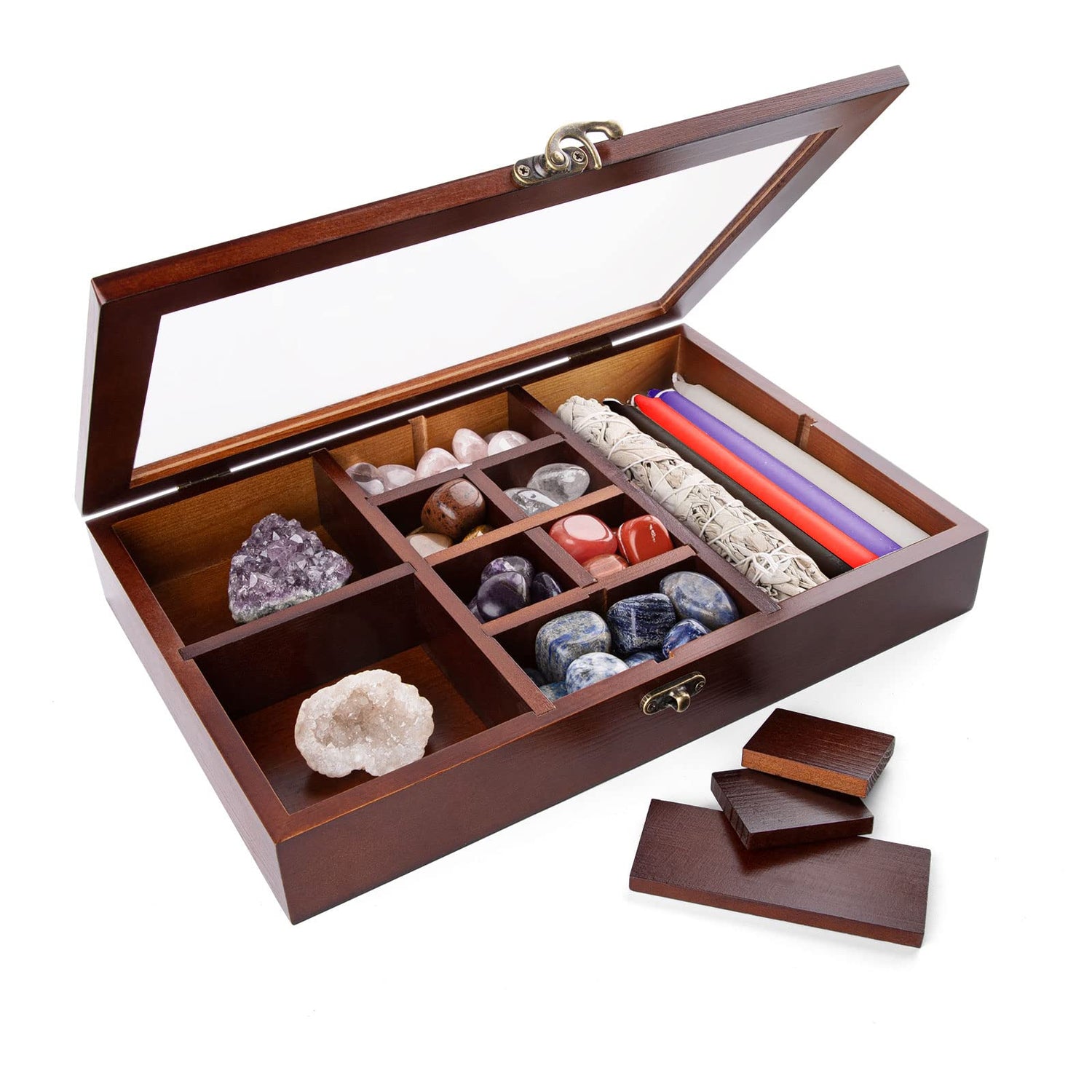 Mooncraftlogy Adjustable Rock Display Case, Crystal Collection Box with Shelves, Wood Witchy Stones Organizer Storage,Gem Holder with Lid for Mooncraftlogy